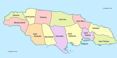 Mapa Jamajki, West indies z parafii